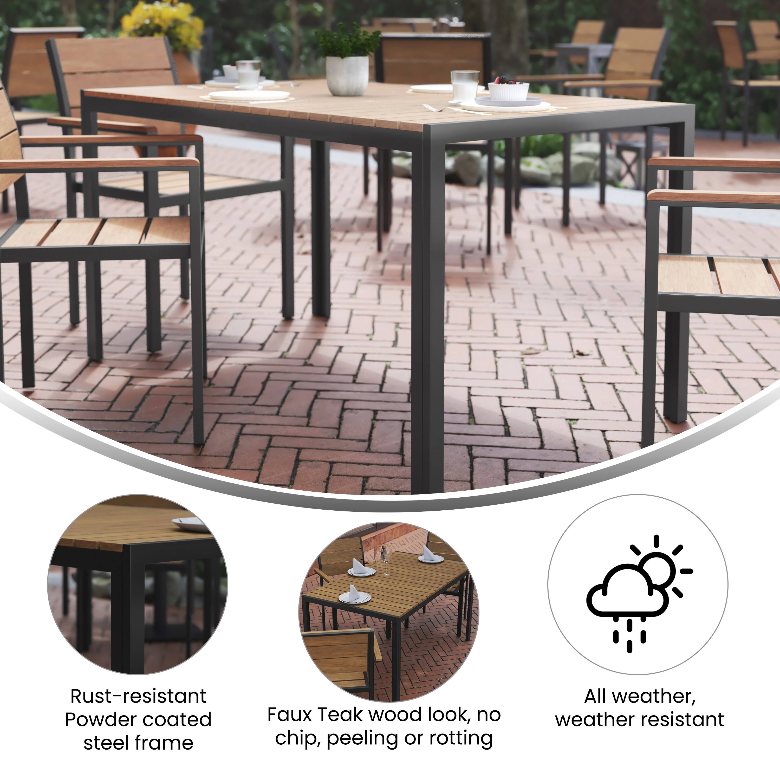 - Rust-resistant Powder coated steel frame
- Faux Teak wood look, no chip, peeling or rotting
- All weather, weather resistant