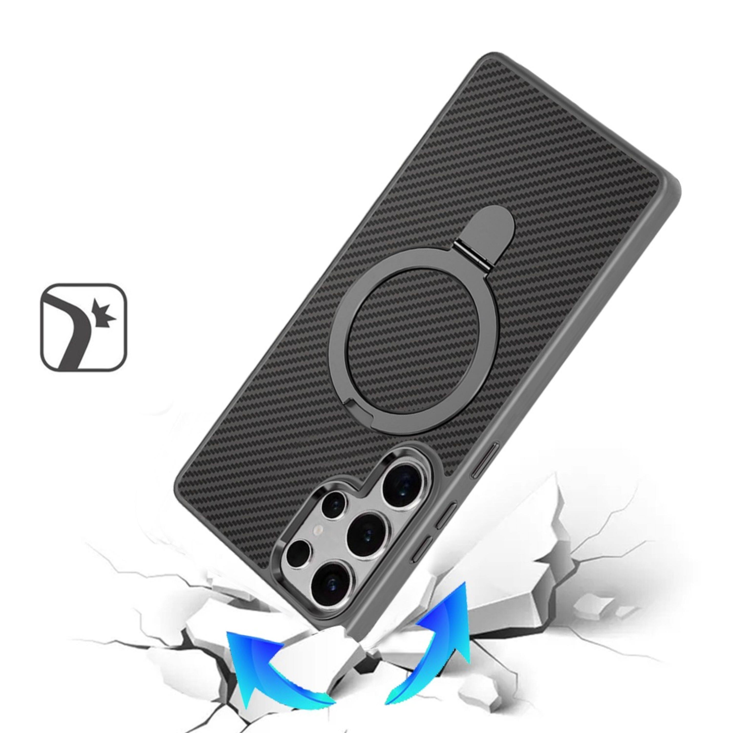 Left. Kitcheniva - Carbon Fiber Print Design Ring Stand Circle With Tempered Glass For Samsung Galaxy S25 Ultra Gray - Gray.