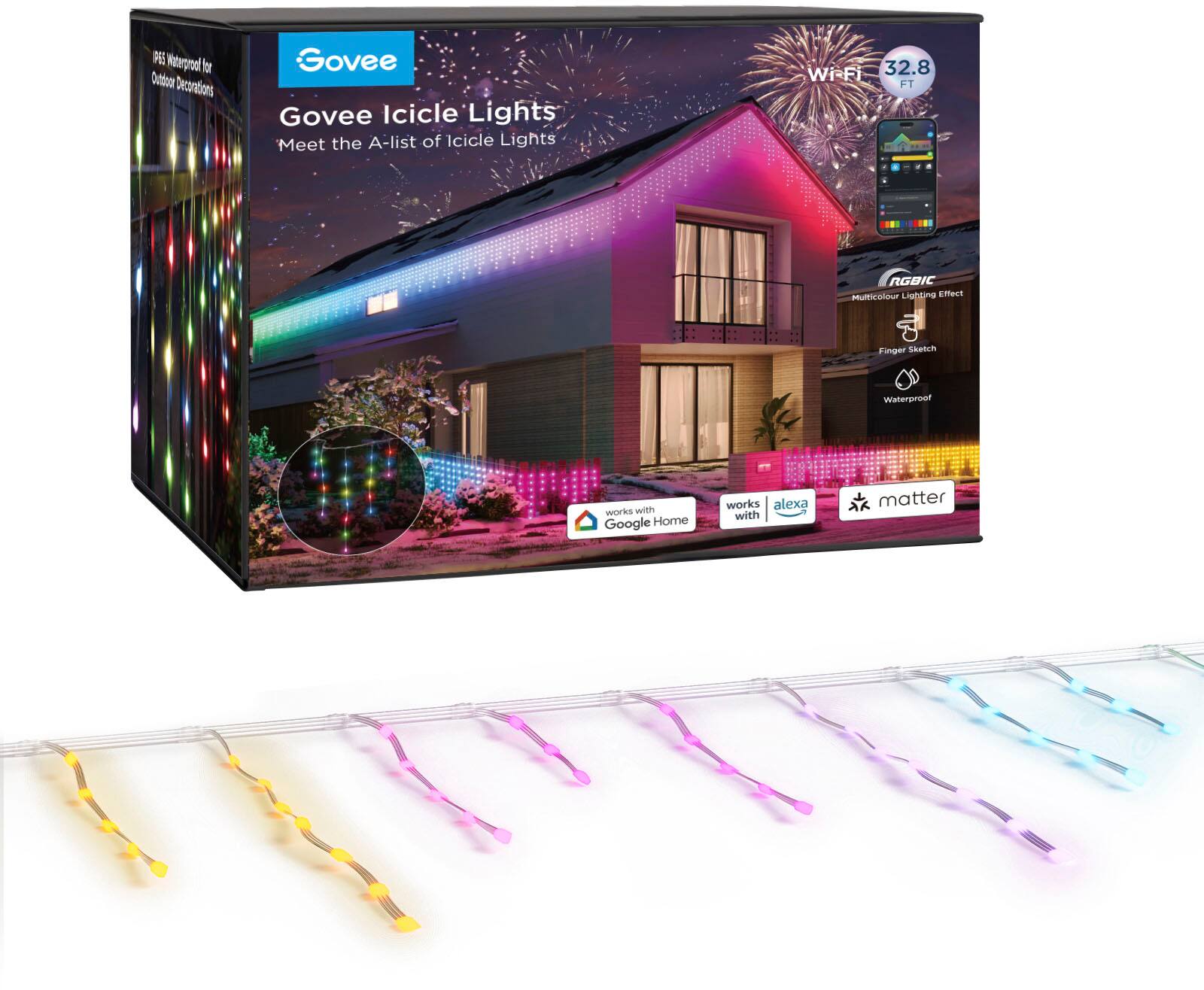 PE Vateryool for Outor Decoradons Govee Govee Icicle Lights Meet the A-list of Icicle Lights Wi-F 32.8 FT RGBIC Multi-color Lights Finger Skench Waterproof works with Google Home works alexa with matter.