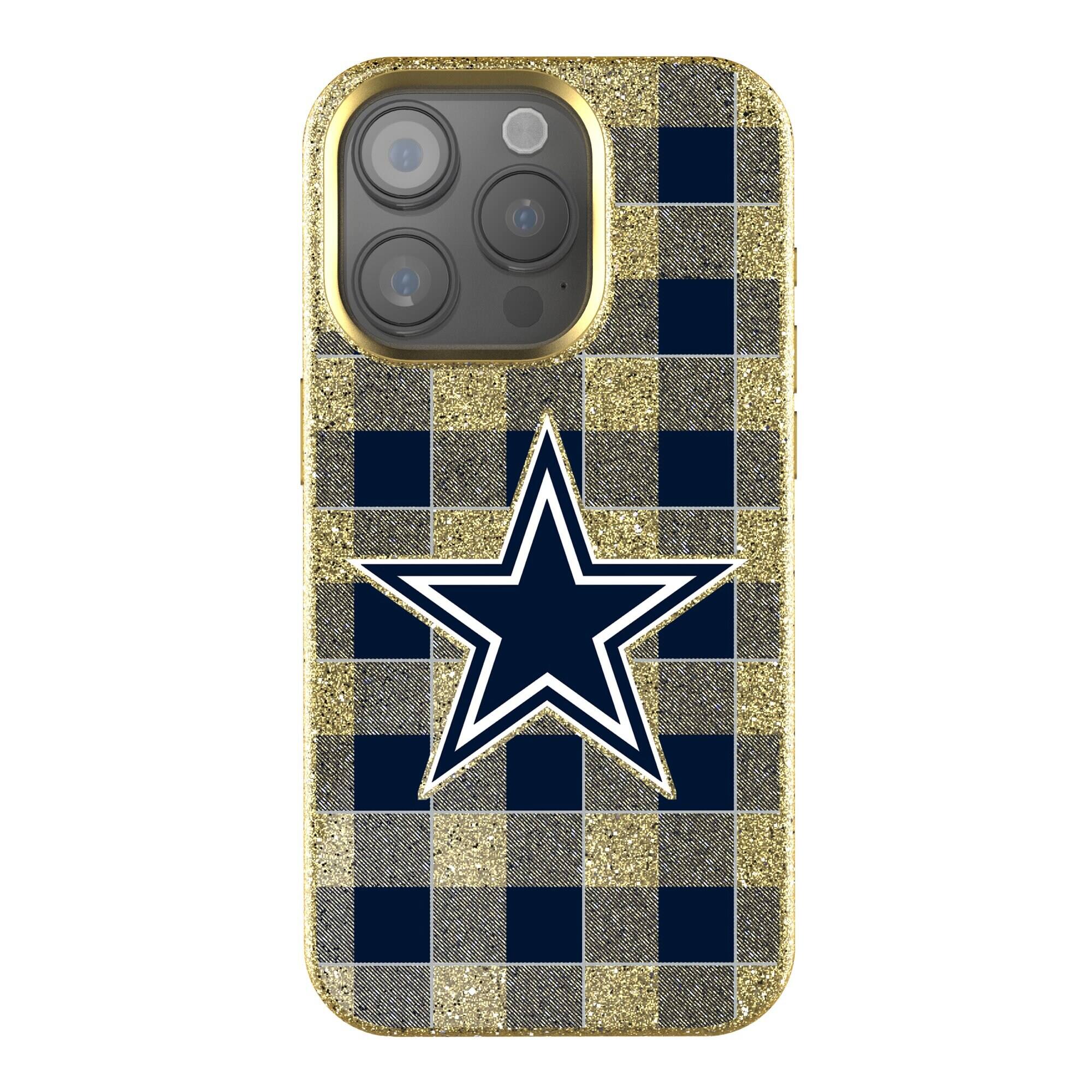 Front. Keyscaper - Dallas Cowboys Plaid Bling iPhone Case - 14 - Gold.
