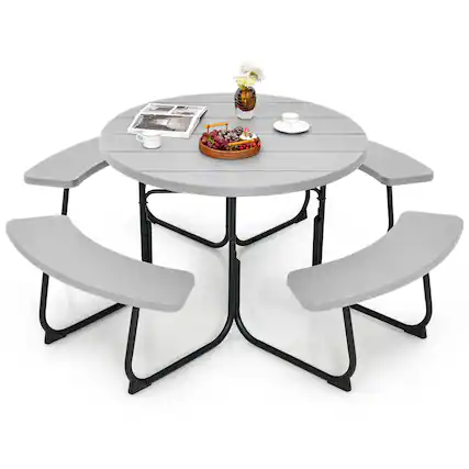 Front. Costway - Costway Outdoor 8-person Round Picnic Table Bench Set with 4 Benches & Umbrella Hole - Grey.