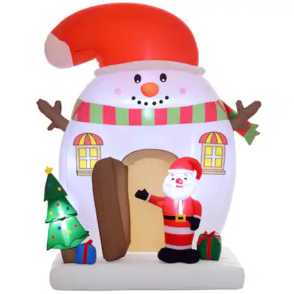 Front. Outsunny - 7.5FT Christmas Inflatable Snowman House with Santa Claus and Xmas Tree, Blow Up Christmas Decoration with LED for Party - Multi-colored.