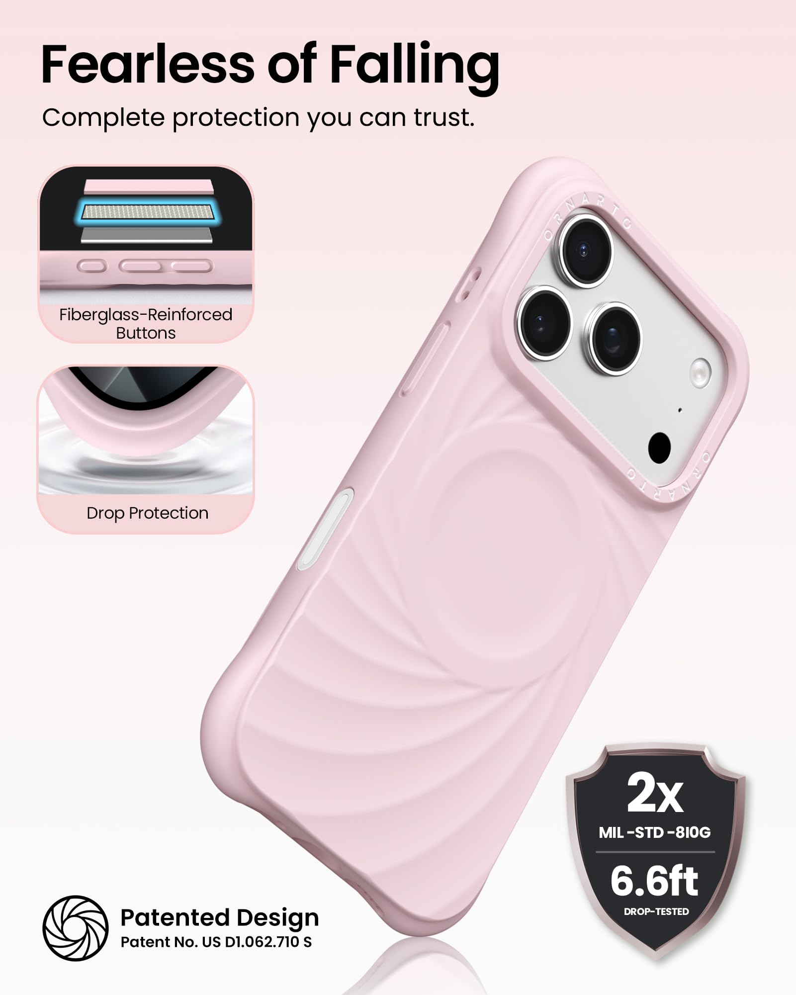 Fearless of Falling  
Complete protection you can trust.

- Fiberglass-Reinforced Buttons
- Drop Protection

Patented Design  
Patent No. US D1.062.710 S

2x MIL-STD-810G  
6.6ft DROP-TESTED