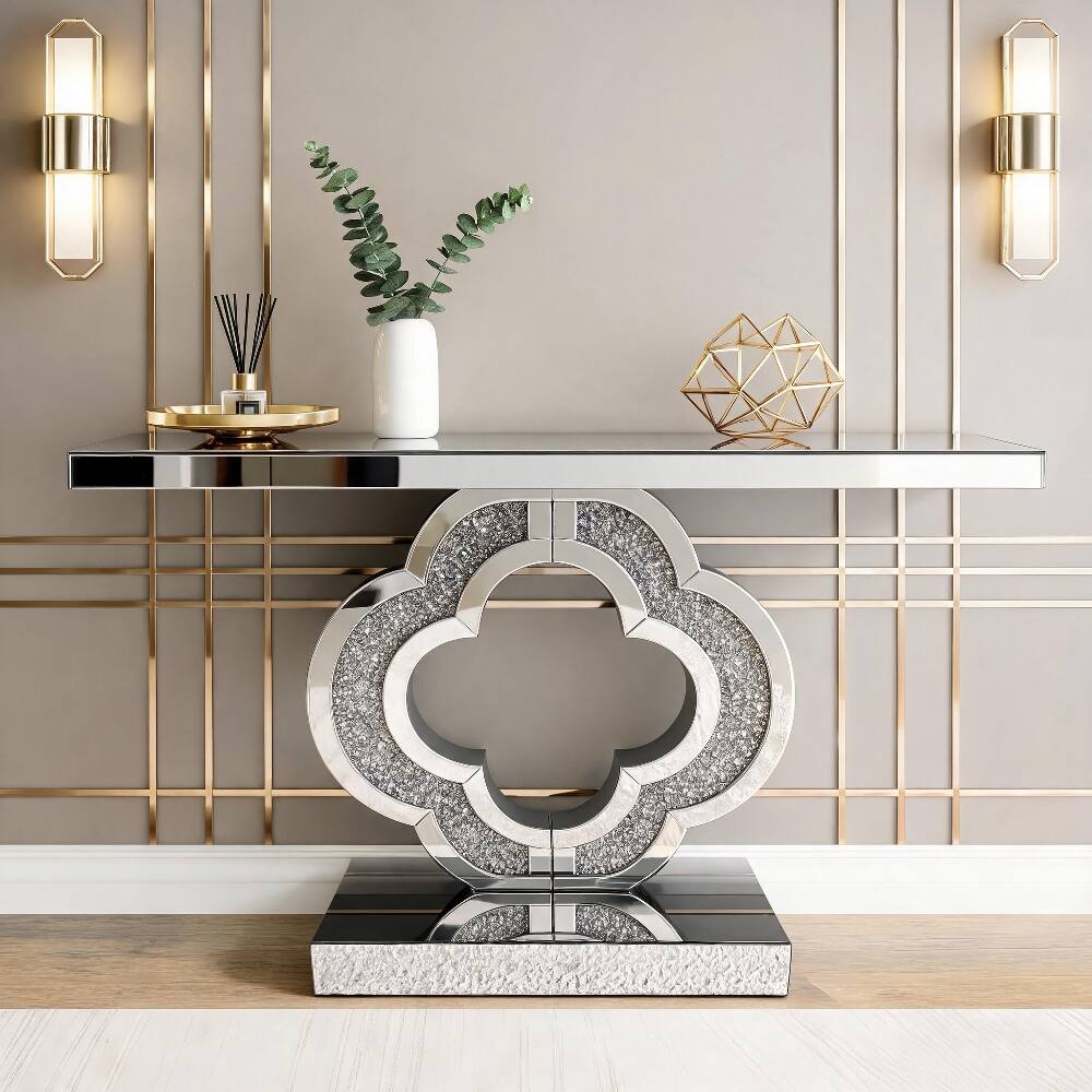 Front. Loheer - Loheer Mirrored Console Table with Clover Crushed Diamond Base, Silver Glam Sofa Table - Silver.