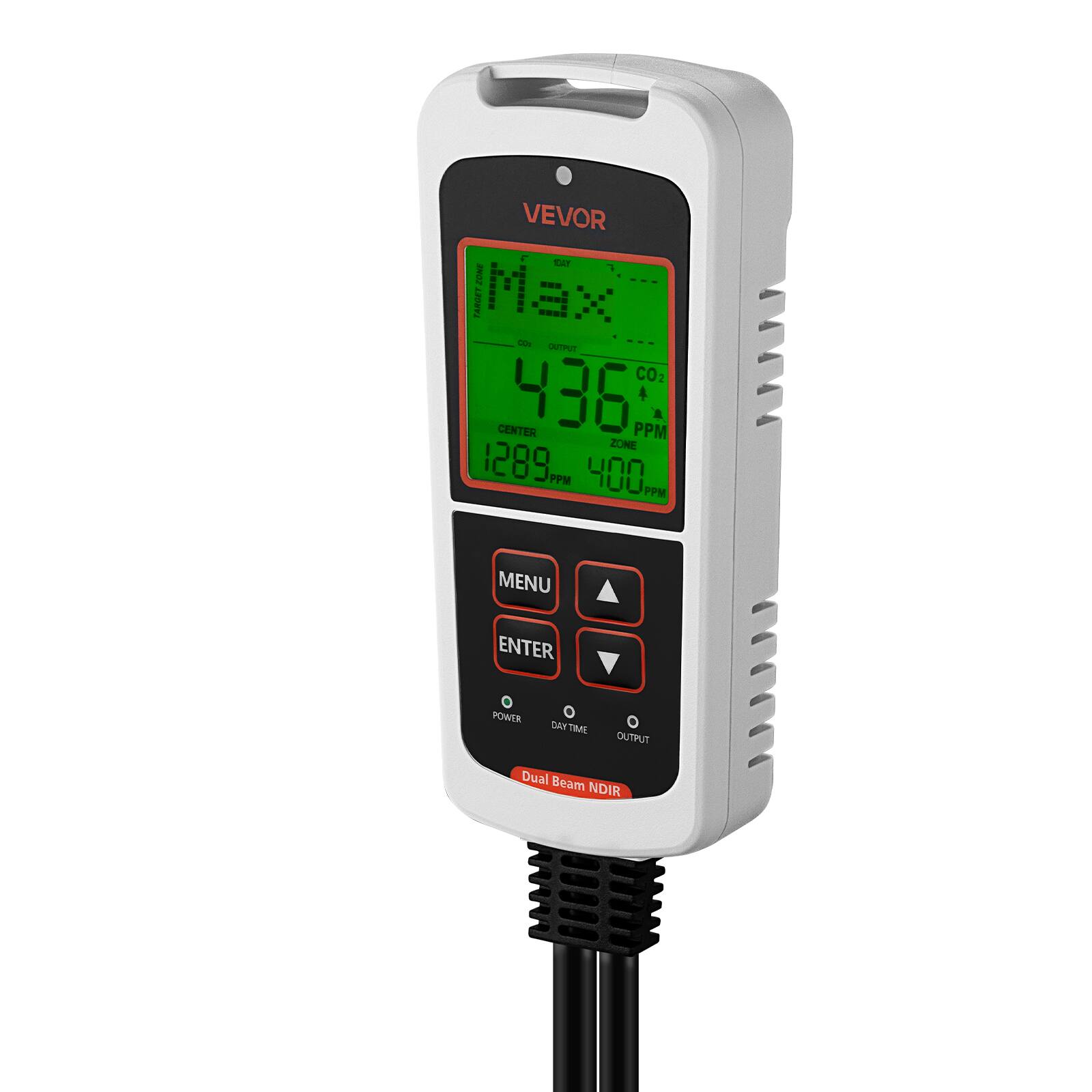 VEVOR  
Toor  
June  
TAROT  
Max - OUTPUT  
CO2  
CENTER 436 PPM  
ZONE 1289 PPM  
100 PPM  
MENU  
ENTER  
POWER  
DAY TIME  
OUTPUT  
Dual Beam NDIR