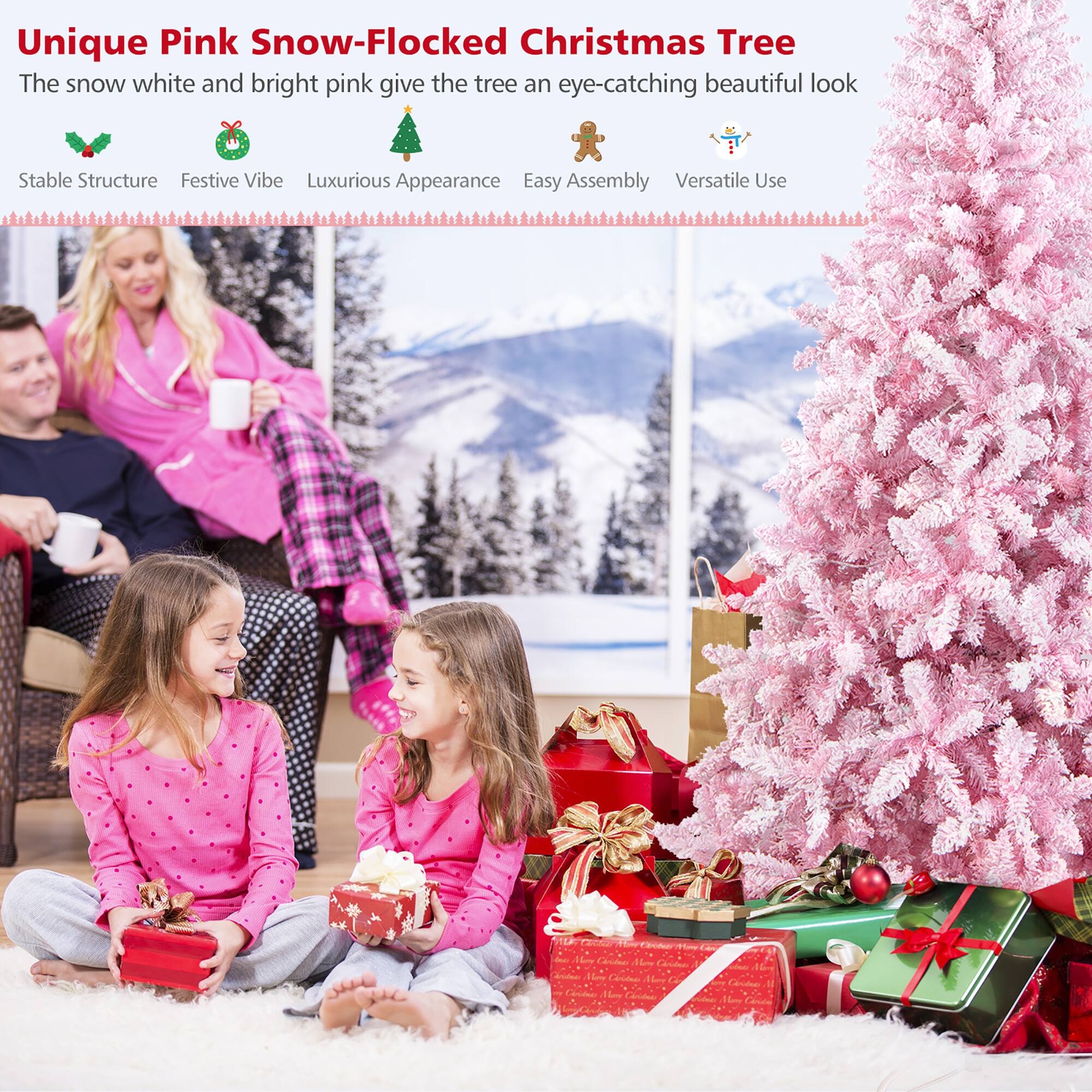 Unique Pink Snow-Flocked Christmas Tree: The snow white and bright pink give the tree an eye-catching beautiful look. Stable Structure, Festive Vibe, Luxurious Appearance, Easy Assembly, Versatile Use.