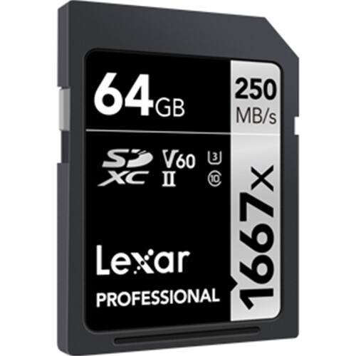 64 GB  
250 MB/s  
SDXC II  
V60  
1667x  
Lexar Professional