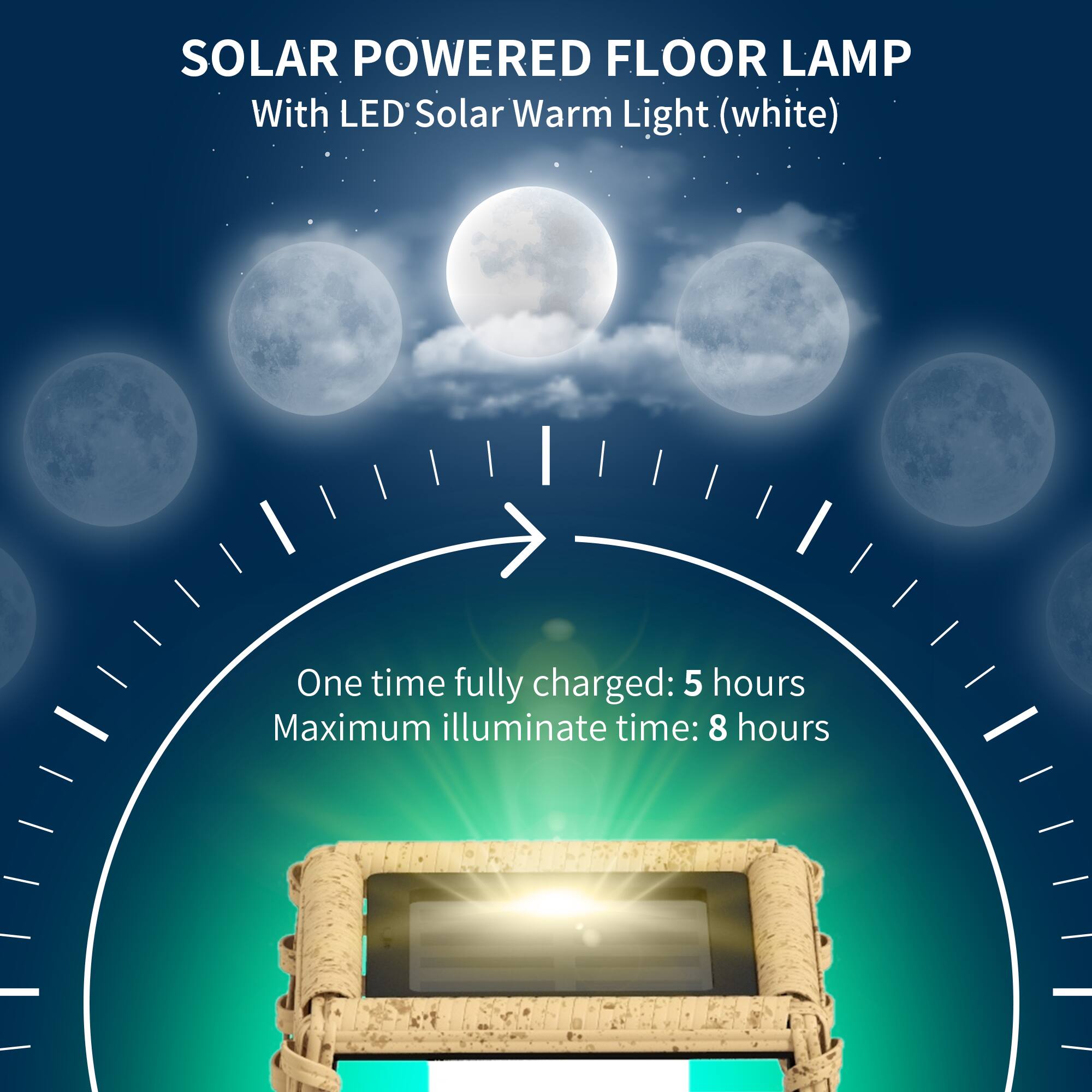 SOLAR POWERED FLOOR LAMP  
With LED Solar Warm Light (white)  

One time fully charged: 5 hours  
Maximum illuminate time: 8 hours