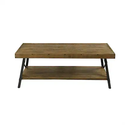 Front. SlickBlue - Industrial Solid Wood Coffee Table with Steel Frame Legs - Brown.