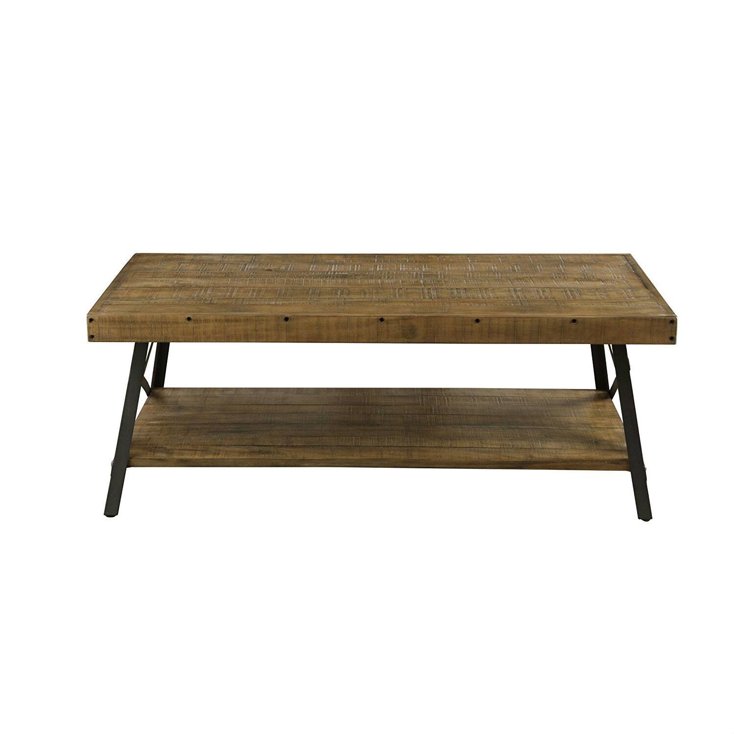 Front. SlickBlue - Industrial Solid Wood Coffee Table with Steel Frame Legs - Brown.