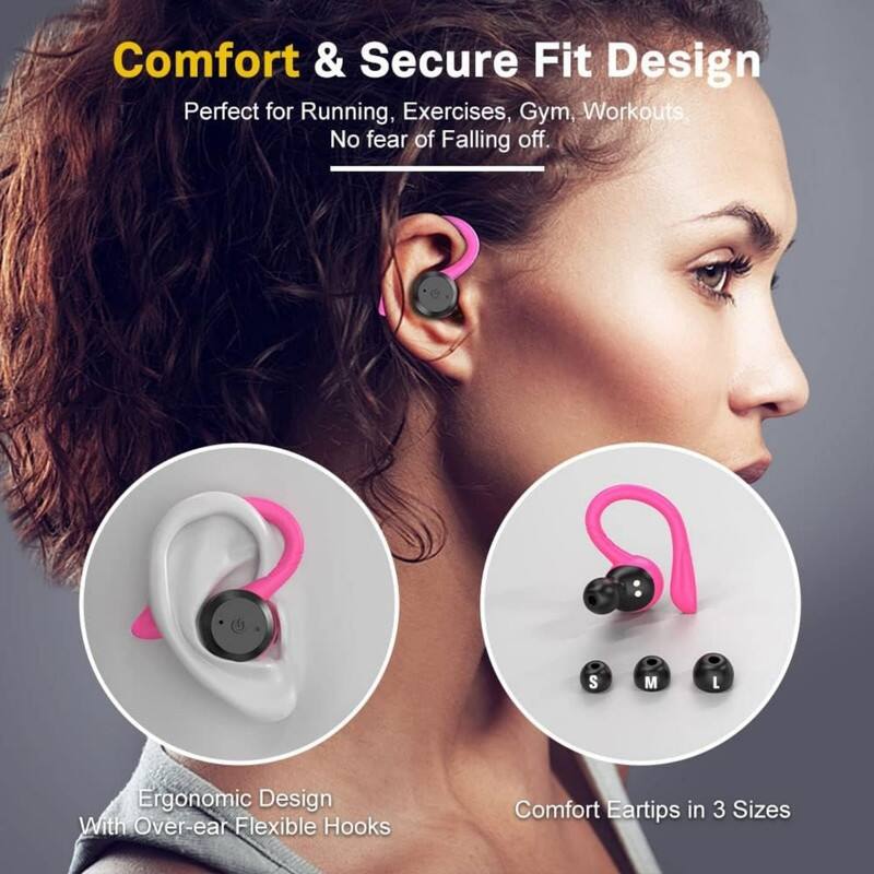 Comfort & Secure Fit Design  
Perfect for Running, Exercises, Gym, Workouts.  
No fear of Falling off.  

Ergonomic Design  
With Over-ear Flexible Hooks  

Comfort Eartips in 3 Sizes  
S M L