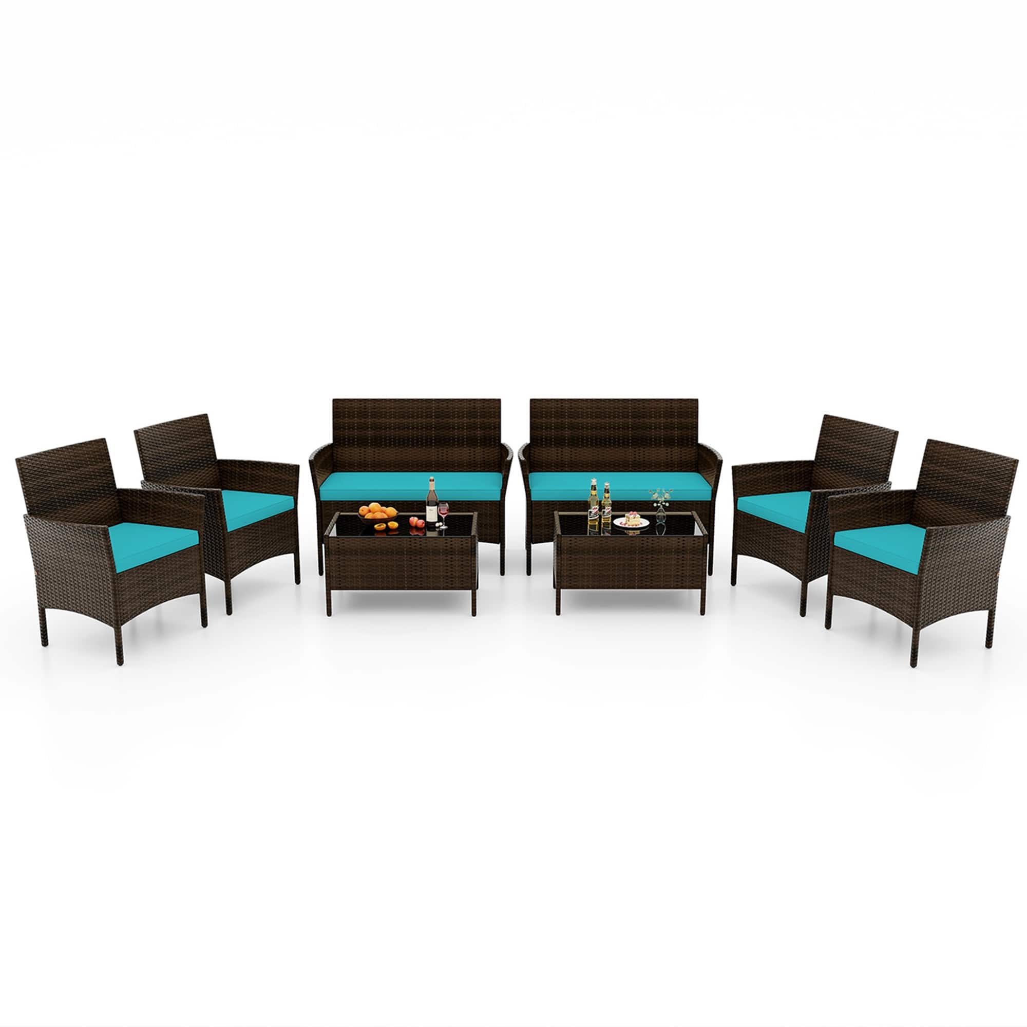 Front. Costway - 8 PCS Patio Furniture Set with Washable Cushions and Tempered Glass Coffee Table - Mix Brown + Turquoise.