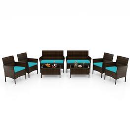 Costway - 8 PCS Patio Furniture Set with Washable Cushions and Tempered Glass Coffee Table - Mix Brown + Turquoise