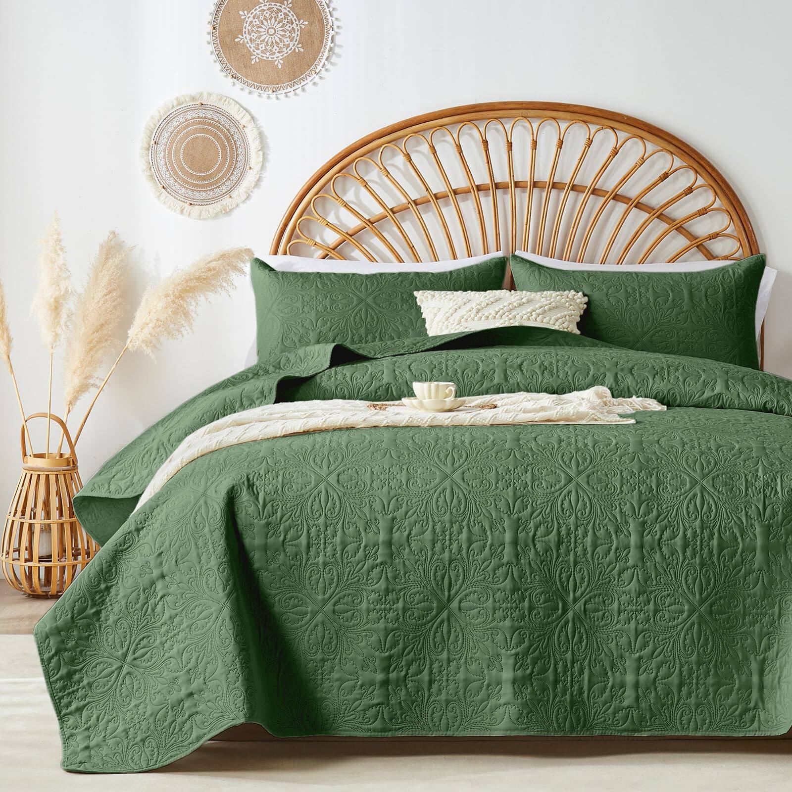 Front. Stylel Star - Beige Full Queen Quilt Bedding Set For All Seasons Lightweight Bedspread Size Modern Style Soft Microfiber Elegant... - Olive Green-Full/Queen(90"x96").