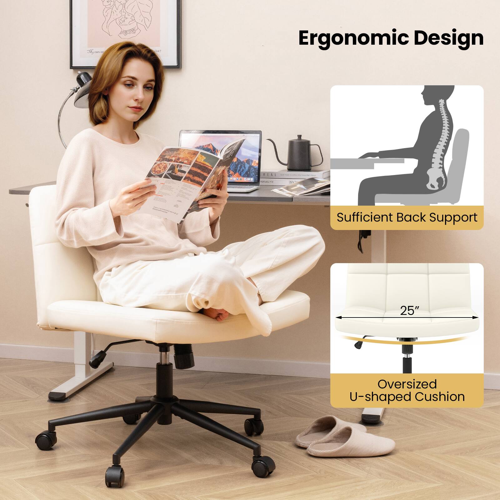 Ergonomic Design: This image showcases a woman sitting in a chair with a laptop, emphasizing the importance of ergonomic design in everyday life. The chair is designed to provide sufficient back support, which is essential for maintaining good posture and preventing strain or discomfort during prolonged periods of sitting. The 25" Oversized U-shaped Cushion adds to the comfort and support of the chair, making it an ideal choice for those who spend a significant amount of time sitting at a desk or computer.