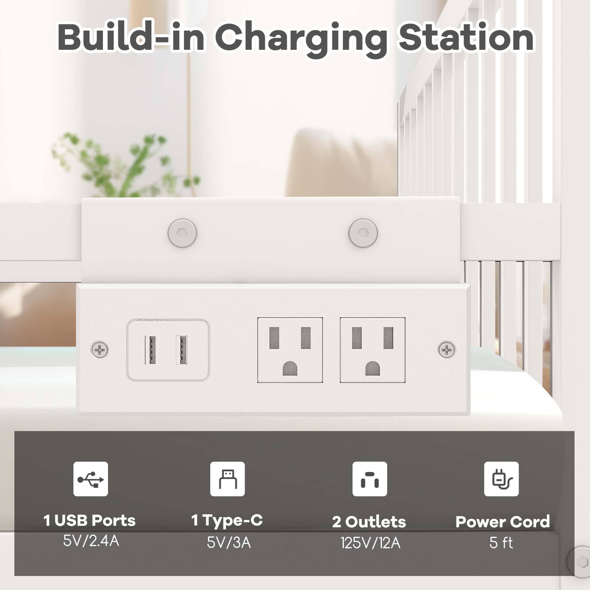 Build-in Charging Station:

* 1 USB Ports: 5V/2.4A
* 1 Type-C: 5V/3A
* 2 Outlets: 125V/12A
* Power Cord: 5 ft