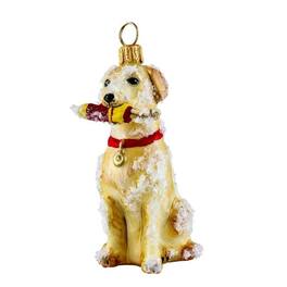 Joy to the World Collectibles - Joy to the World Snowy Labrador with Buoy Sitting Dog Polish Blown Glass Christmas Ornament - Yellow