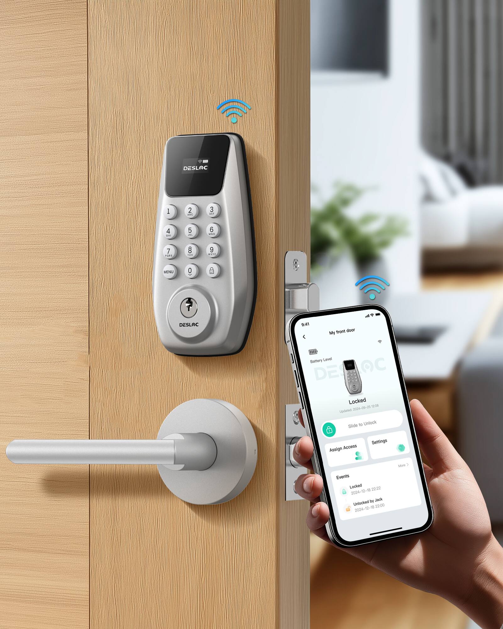 DESLAC I 2 d. 3 4 5 6 7 1 B 9 eI MENU 0  
DESLRC 9:41  
My Front Door  
Battery Level  
Locked  
Updated 2024-09-20 22:20  
Slide to Unlock  
Assign Access  
Settings  
Events  
Locked 2024-09-18 22:22  
Unlocked by Jack 2024-09-18 22:20