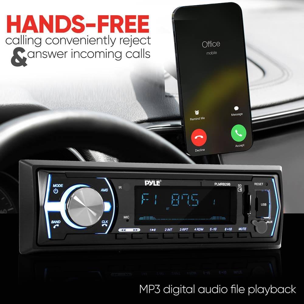 HANDS-FREE calling conveniently reject & answer incoming calls

Office mobile
Remind Me Message Decline Accept

PYLE F1 875
PLMRB298

MODE BAND AMS CLK IR MIC
RESET USB AUX .4 .1 2 INT 3RPT 4RDM 5-10 6+50 MUTE (e EHoW 2-10 + WLE

MP3 digital audio file playback