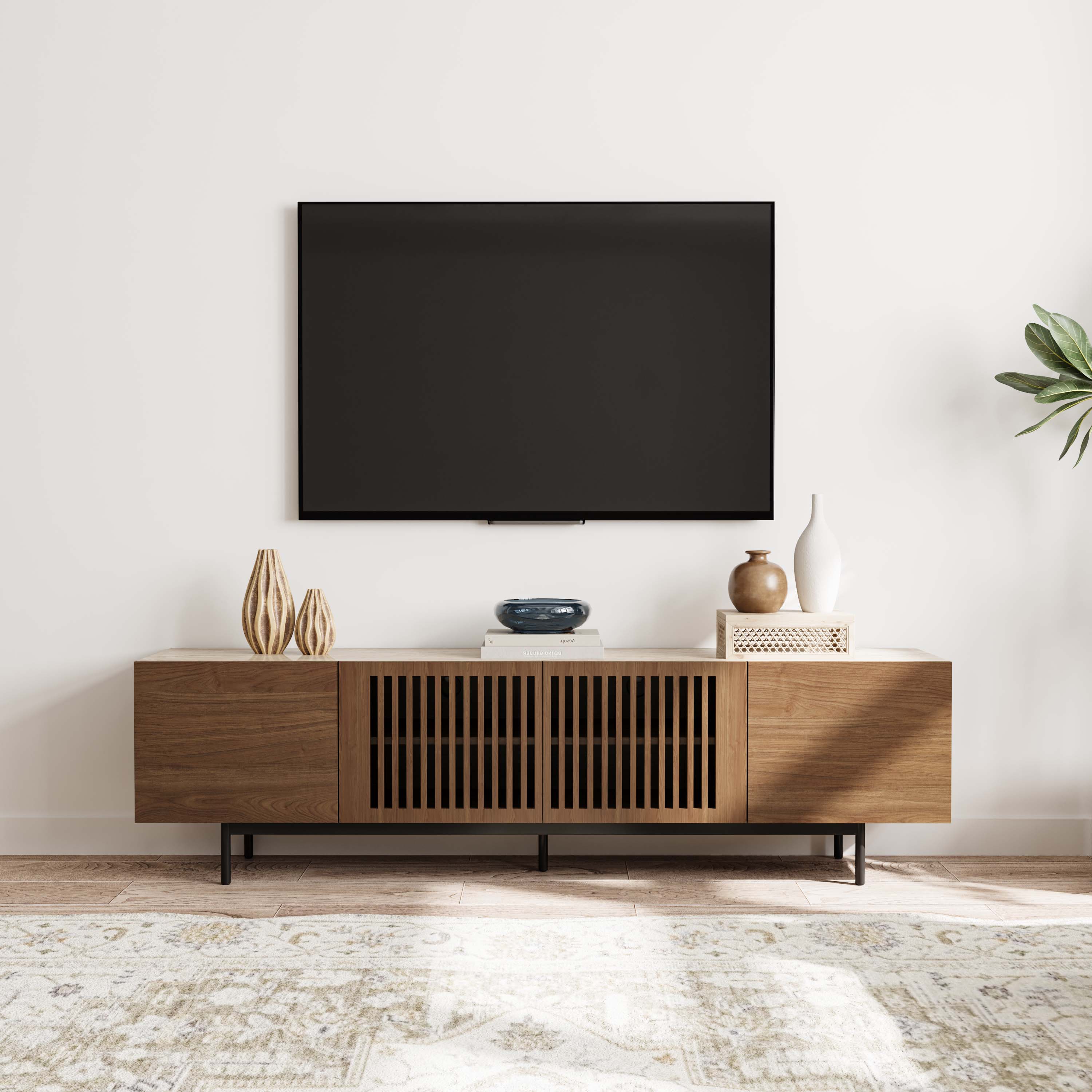 Angle. POVISON - 79" Mid-Century TV Stand with Sintered Stone Wood Media Console with Walnut Veneer Slatted Cabinet, Tall-Cast Metal Legs - Walnut.