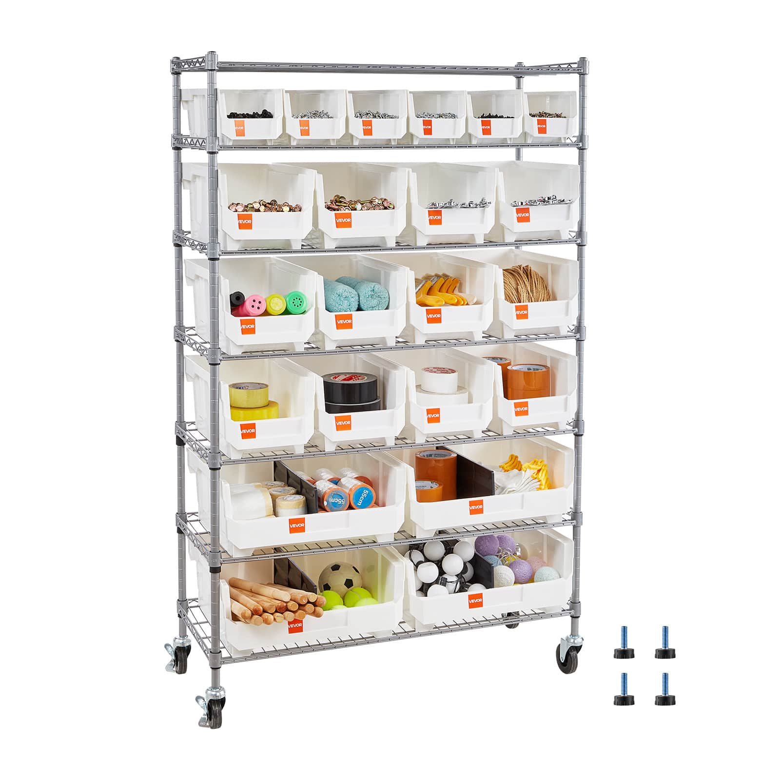 VEVOR - 7-Tier Rolling Bin Storage Rack, 22 Organizer Bins, Bin Rack Storage Steel Wire Shelving System with Wheels - Silver