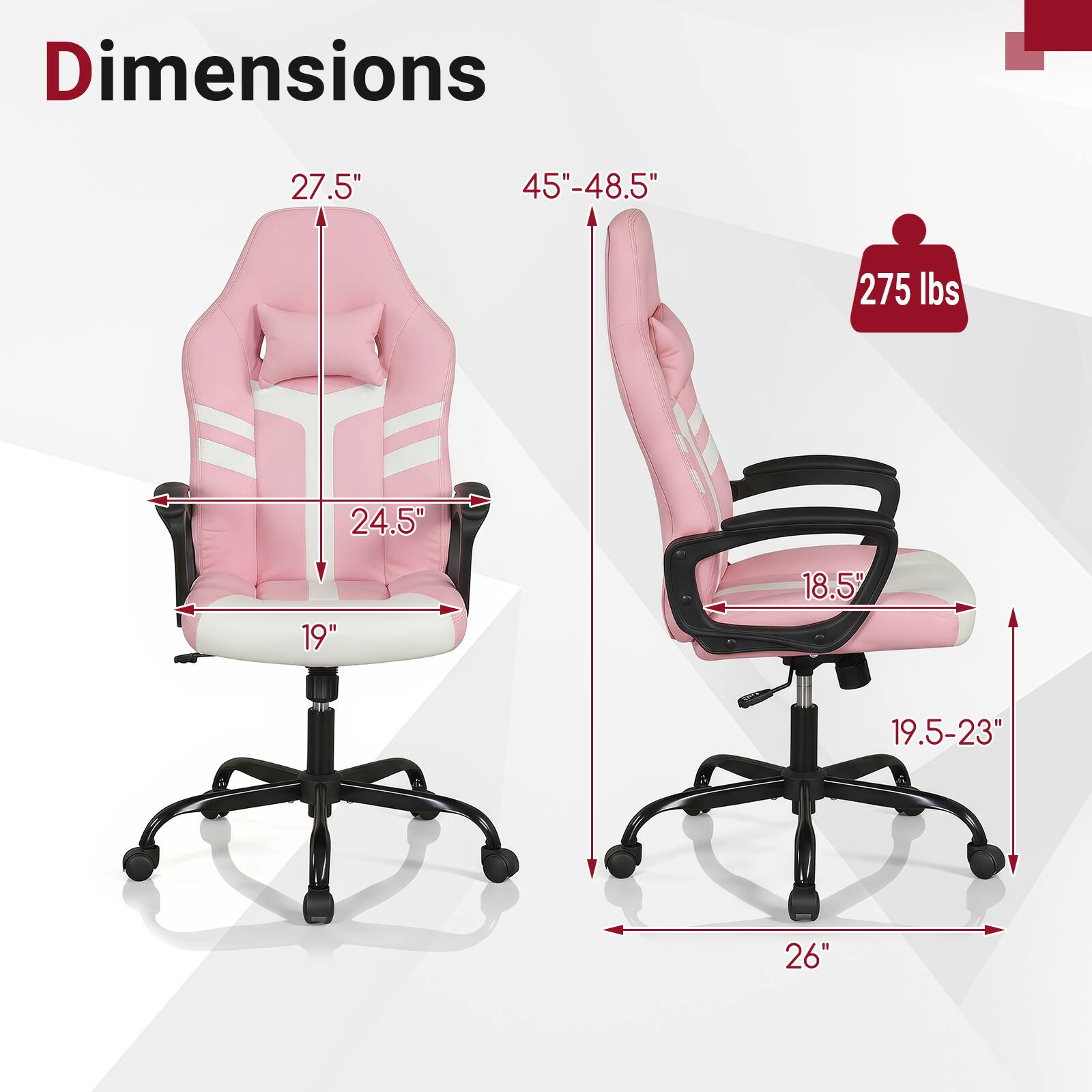 Dimensions: 27.5" x 45"-48.5" x 275 lbs, 24.5" x 19" x 18.5" x 19.5-23" x 26"