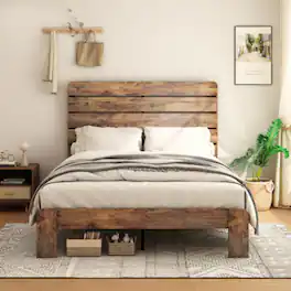 LUCKY ONE - Full Size Wood Platform Bed Frame with Metal Frame, Industrial Style, Wood Slats, No Box Spring Needed - Dark Brown
