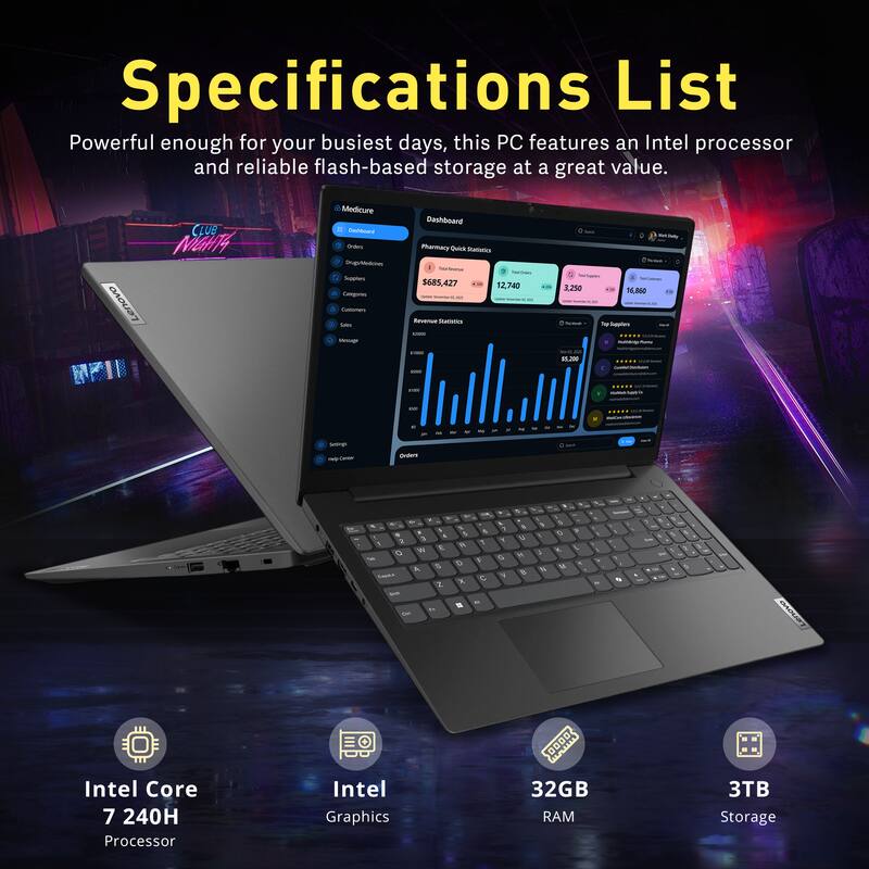 Specifications List

Powerful enough for your busiest days, this PC features an Intel processor and reliable flash-based storage at a great value.

- Intel Core 7 240H Processor
- Intel Graphics
- 32GB RAM
- 3TB Storage