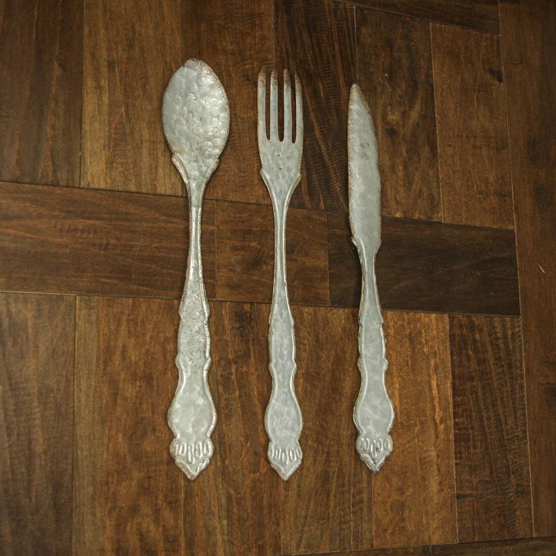 Alt View 3. Zeckos - Giant Galvanized Metal Fork Spoon Knife Farmhouse Decor Kitchen Wall Hanging Set - Gray.