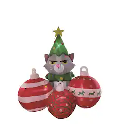 Celebrations - Christmas Grumpy Cat with Ornaments and String lights 6 ft. Inflatable - Multicolored