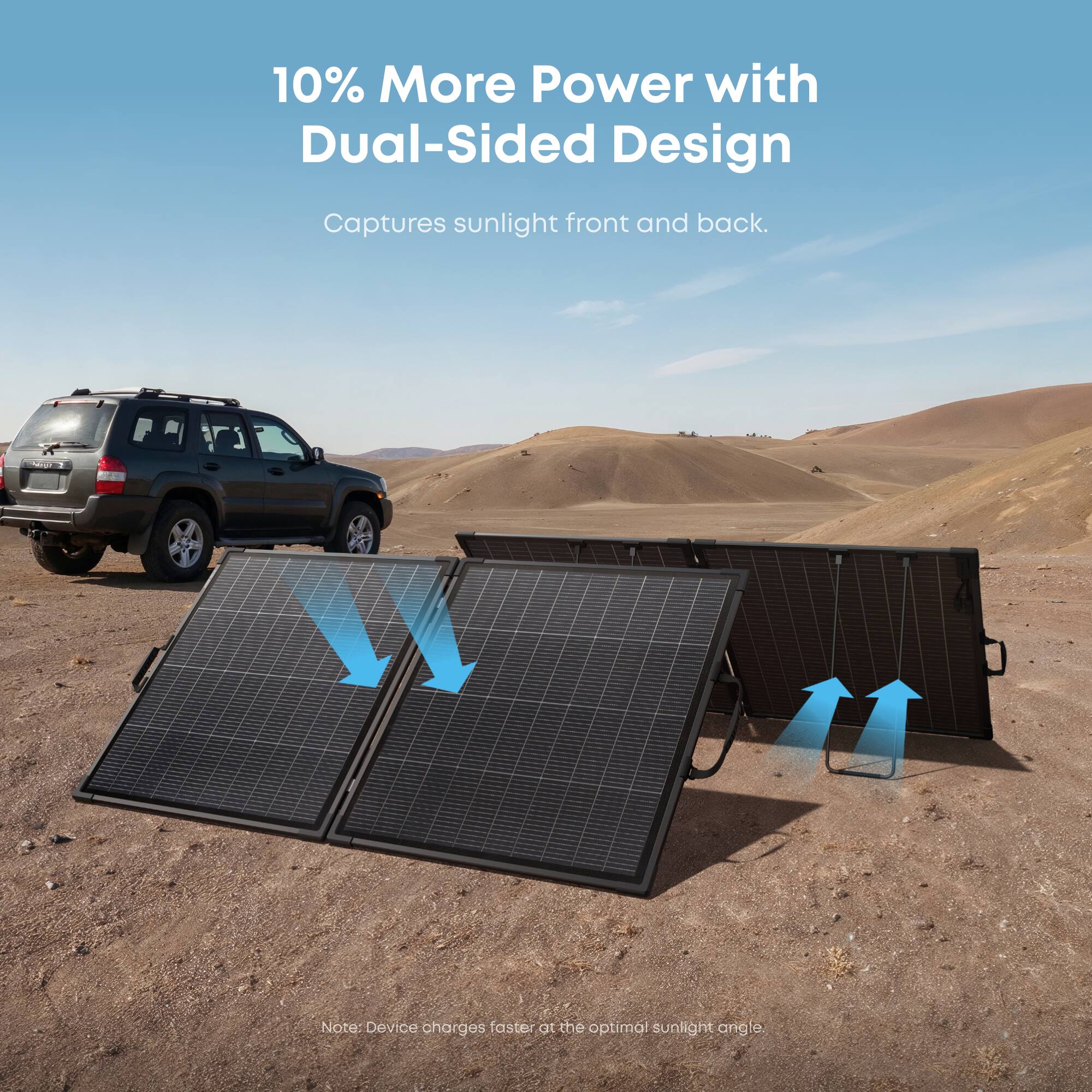 10% More Power with Dual-Sided Design  
Captures sunlight front and back.  

A Note: Device charges faster at the optimal sunlight angle.