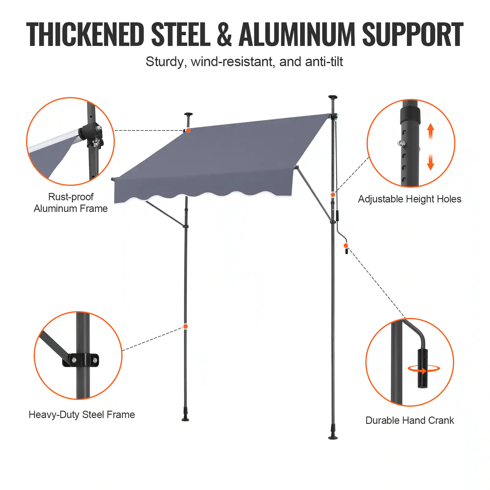 THICKENED STEEL & ALUMINUM SUPPORT
Sturdy, wind-resistant, and anti-tilt

Rust-proof Aluminum Frame
Adjustable Height Holes
Heavy-Duty Steel Frame
Durable Hand Crank
