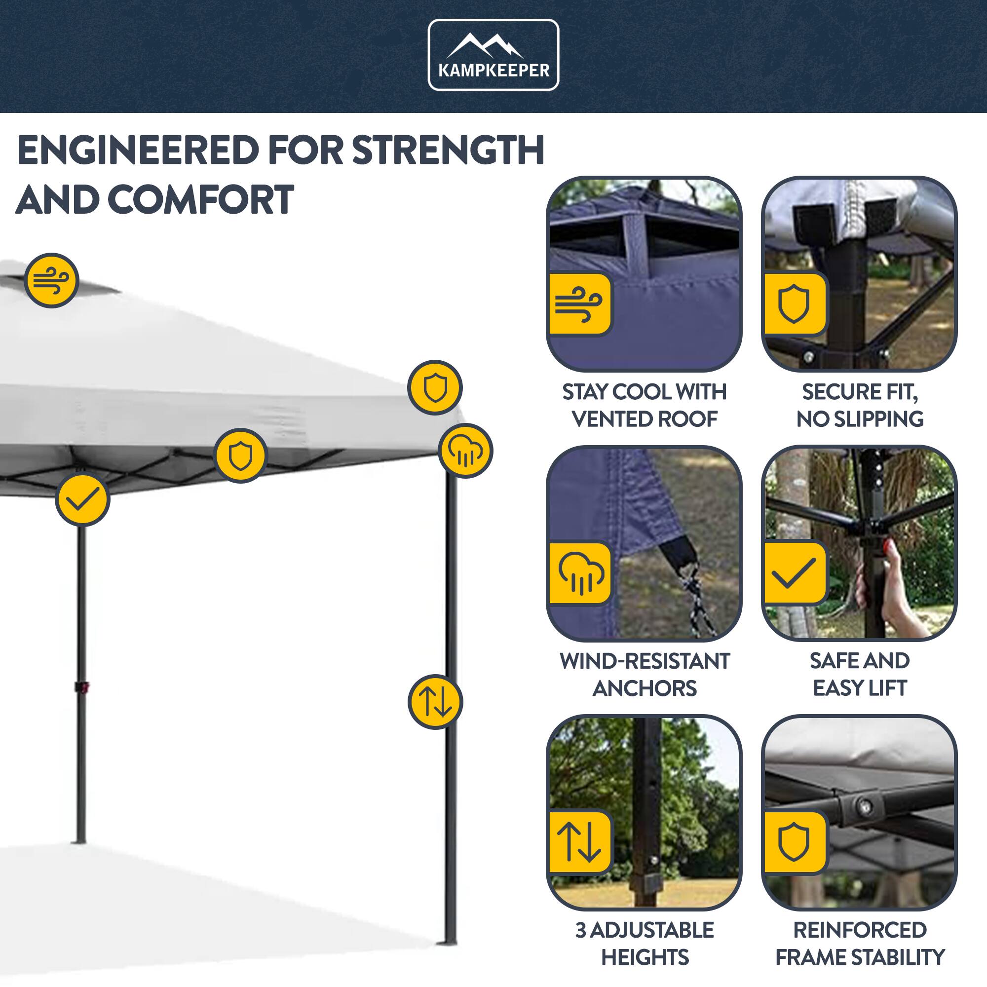 KAMPKEEPER ENGINEERED FOR STRENGTH AND COMFORT

- STAY COOL WITH VENTED ROOF
- SECURE FIT, NO SLIPPING
- WIND-RESISTANT ANCHORS
- SAFE AND EASY LIFT
- 3 ADJUSTABLE HEIGHTS
- REINFORCED FRAME STABILITY