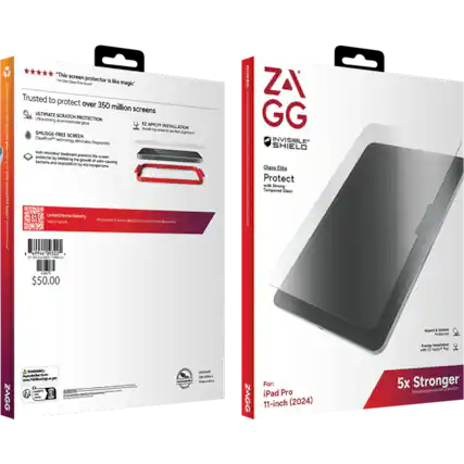 **Front Side:**
- **ZAGG**
- **INVISIBLE SHIELD**
- **Glass Elite**
- **Protect**
- **with Strong Tempered Glass**
- **For: iPad Pro 11-inch (2024)**
- **5x Stronger**
- **Impact & Scratch Protection**
- **Precision Installation with EZ Apply Tool**
**Back Side:**
- **"This screen protector is like magic"**
- **Trusted to protect over 350 million screens**
- **ULTIMATE SCRATCH PROTECTION**
- **ULTIMATE SCRATCH PROTECTION**
- **SMUDGE-FREE SCREEN**
- **Anti-microbial treatment protects the screen protector by inhibiting the growth of odor-causing bacteria and degradation by microorganisms.**
- **EZ APPLY INSTALLATION**
- **Hands-free, easy precise alignment**
- **$50.00**
- **Limited Lifetime Warranty**
- **See inside for details.**
- **WARNING**
- **www.zagg.com**
- **ZAGG**
- **For iPad Pro 11-inch (2024)**
- **5x Stronger tempered glass construction**
- **Impact & Scratch Protection**
- **Precision Installation with EZ Apply Tool**
