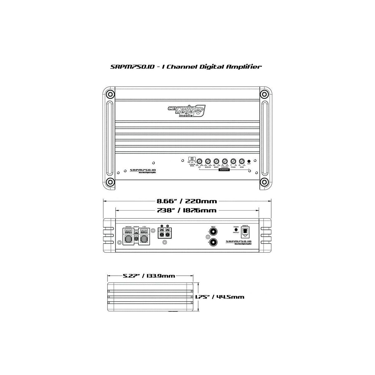 SRPM2S0.1D - 1 Channel Digital Amplifier

- 8.66" / 220mm
- 7.38" / 187.6mm
- 5.22" / 133.9mm
- 1.75" / 44.5mm