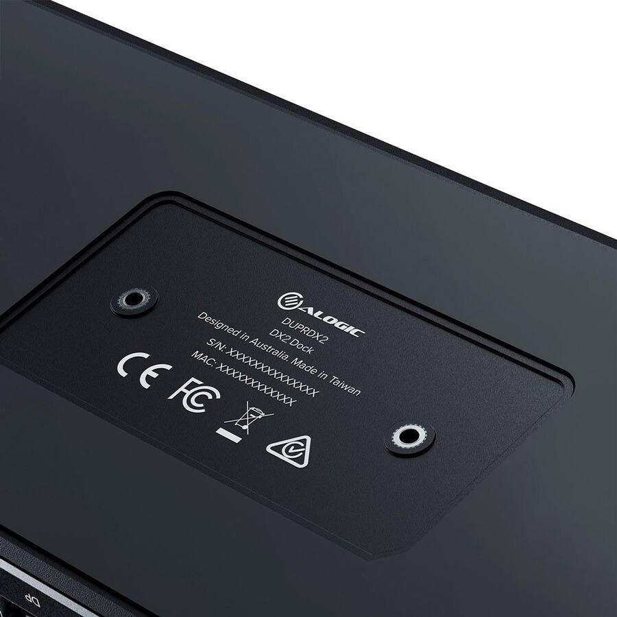 Sure, here is the corrected and grouped text from the image:

---

**ALOGIC**

**DX2 Dock**

Designed in Australia. Made in Taiwan

**S/N:** XXXXXXXXXXXX

**MAC:** XXXXXXXXXXXX

---

**CE** **FC**

---

**ALOGIC**  
**DX2**  
**Dock**  
**Designed in Australia. Made in Taiwan**  
**S/N:** XXXXXXXXXXXX  
**MAC:** XXXXXXXXXXXX  

**CE** **FC**