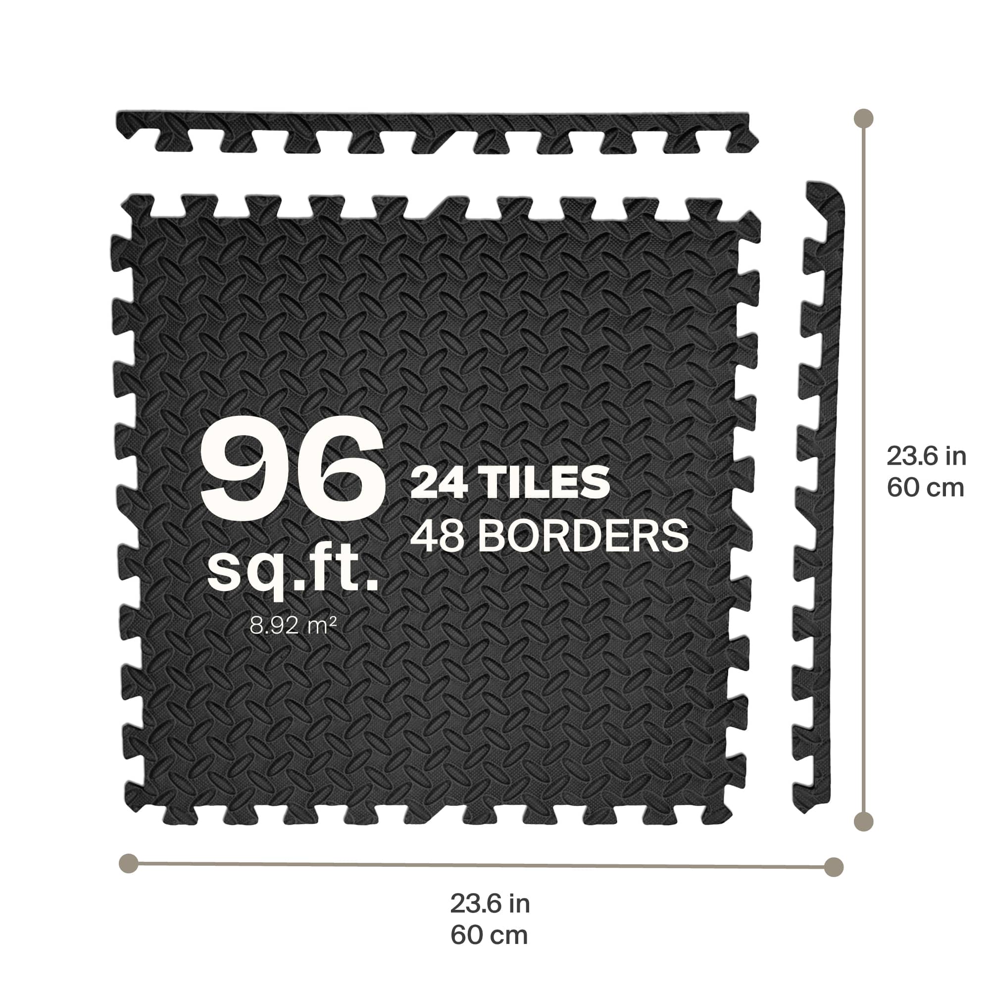 The text on the image reads: "96 24 TILES 48 BORDERS sq.ft. 8.92 m2 23.6 in 60 cm 23.6 in 60 cm." This text describes the dimensions of a carpet, with 96 tiles and 48 borders, covering a square footage of 8.92 square meters. The carpet measures 23.6 inches in width and 60 centimeters in length.