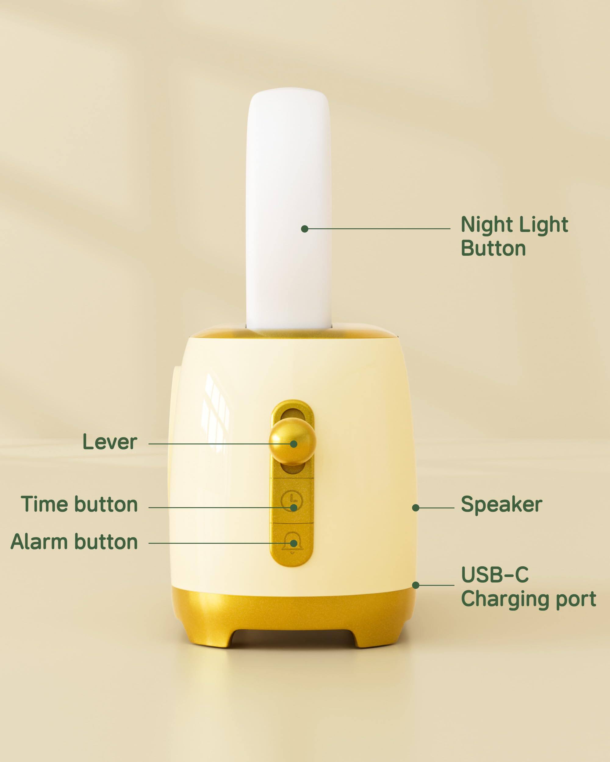 Night Light Button  
Lever  
Time button  
Alarm button  
Speaker  
USB-C Charging port