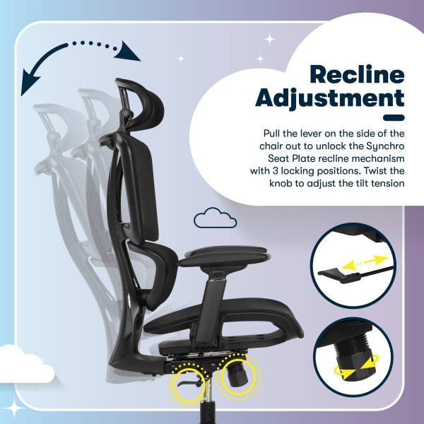 Recline Adjustment

Pull the lever on the side of the chair out to unlock the Synchro Seat Plate recline mechanism with 3 locking positions. Twist the knob to adjust the tilt tension.