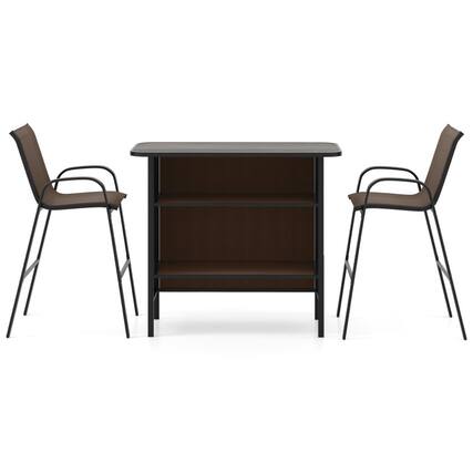 Front. SlickBlue - Outdoor Bar Table and Stool Set, 3 Pieces with Footrest and 2-Tier Shelf - Coffee.