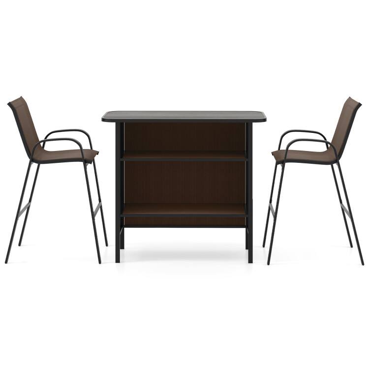 Front. SlickBlue - Outdoor Bar Table and Stool Set, 3 Pieces with Footrest and 2-Tier Shelf - Coffee.