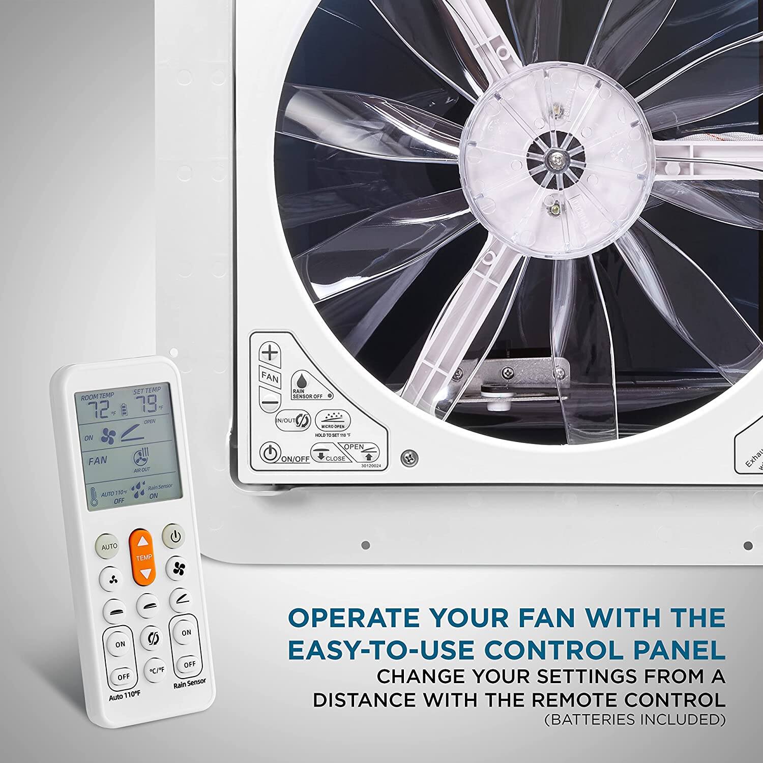 ZENP SETTEMP MCON 72 THO 79 wev DI FAN ANRUT  Aeer ALTO730- pEE OEY + FAN S MASR  SO2 N/OUT  WUE-SE -- OPEN ONIOFF ELOSE  Exhau A AUTO TEMP  ON D OFF  OFF Rain Soa AUto 13g OPERATE YOUR FAN WITH THE EASY-TO-USE CONTROL PANEL CHANGE YOUR SETTINGS FROM A DISTANCE WITH THE REMOTE CONTROL (BATTERIES INCLUDED)