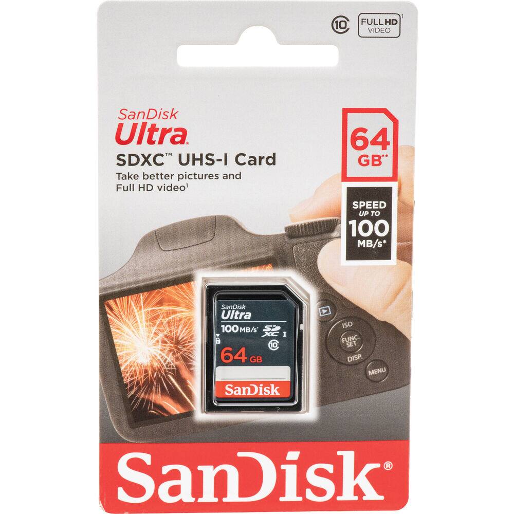 10 FULL HD VIDEO  
SanDisk Ultra SDXC UHS-I Card  
Take better pictures and Full HD video'  
64 GB  
SPEED UP TO 100 MB/s*  
SanDisk Ultra 100 MB/s  
64 GB  
SanDisk  
ISO FUNC SET DISP. MENU R  
SanDisk