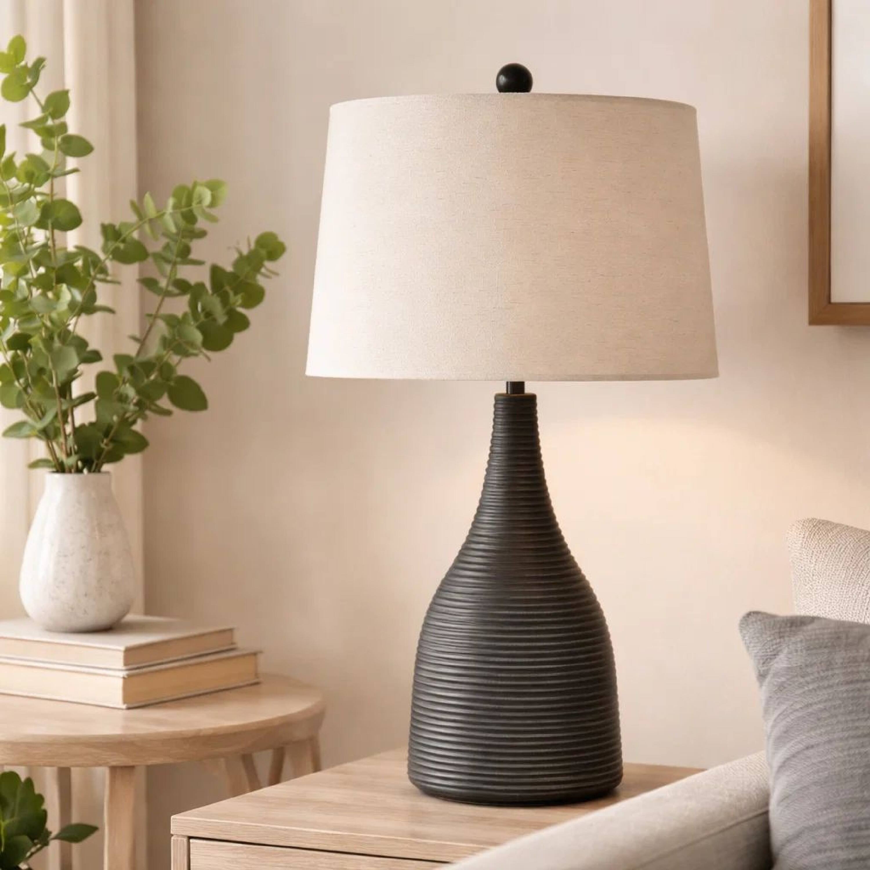 Alt View 3. Manhattan Lane - 29 Inch Classic Table Lamp, Textured Lined Body, Ceramic - Black and Beige.