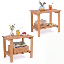 Gymax - 2PCS Outdoor Eucalyptus Wood Side Table w/ Slatted Tabletop & Storage Shelf Natural - Yellow