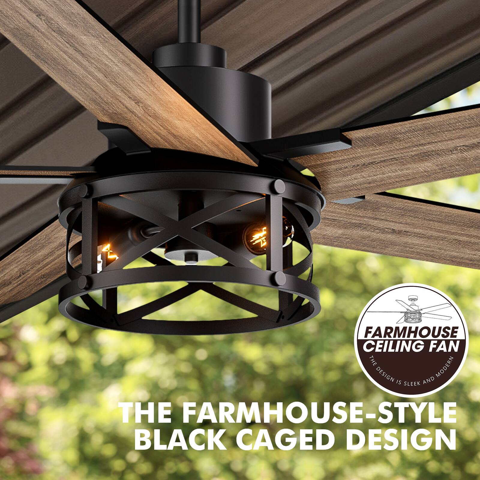 The farmhouse ceiling fan features a sleek and modern design with a black caged design.