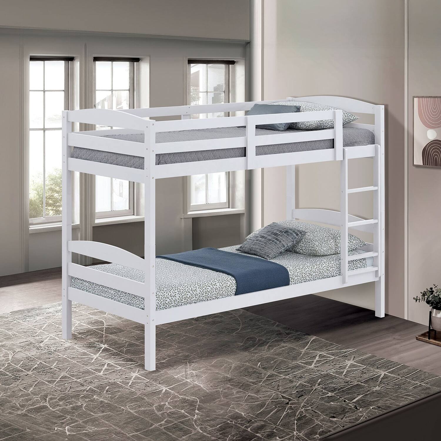 Alt View 2. Vaczon - Twin-Over-Twin Wooden Bunk Bed with Guardrails and Ladder, Solid Hardwood for Kids, Teens - White.