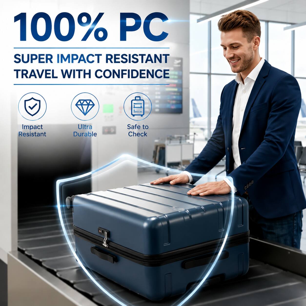 100% PC SUPER IMPACT RESISTANT TRAVEL WITH CONFIDENCE  
Impact Resistant  
Ultra Durable  
Safe to Check