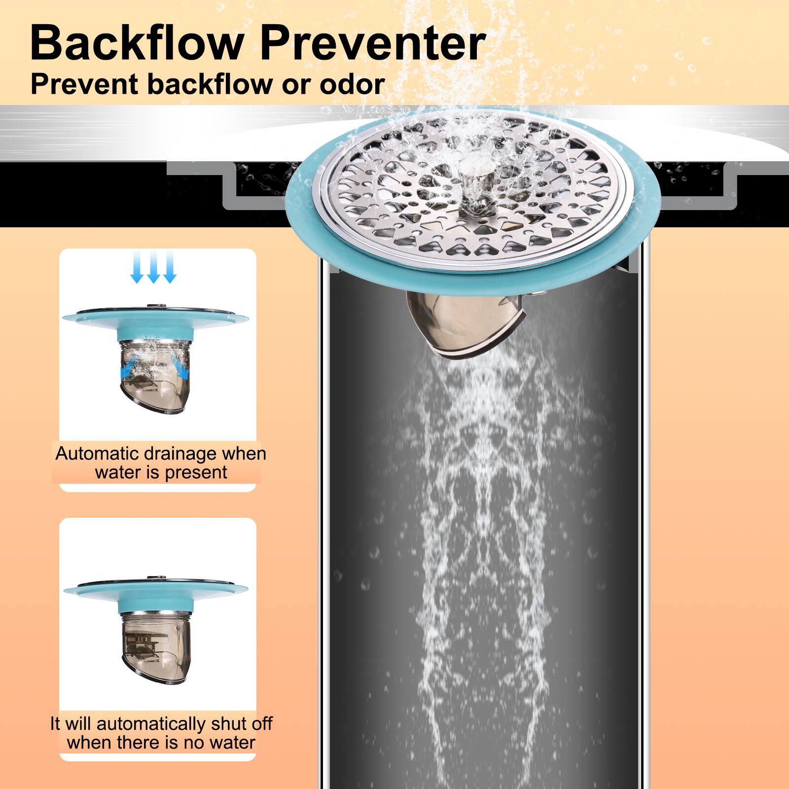 Backflow Preventer  
Prevent backflow or odor  
Automatic drainage when water is present  
It will automatically shut off when there is no water