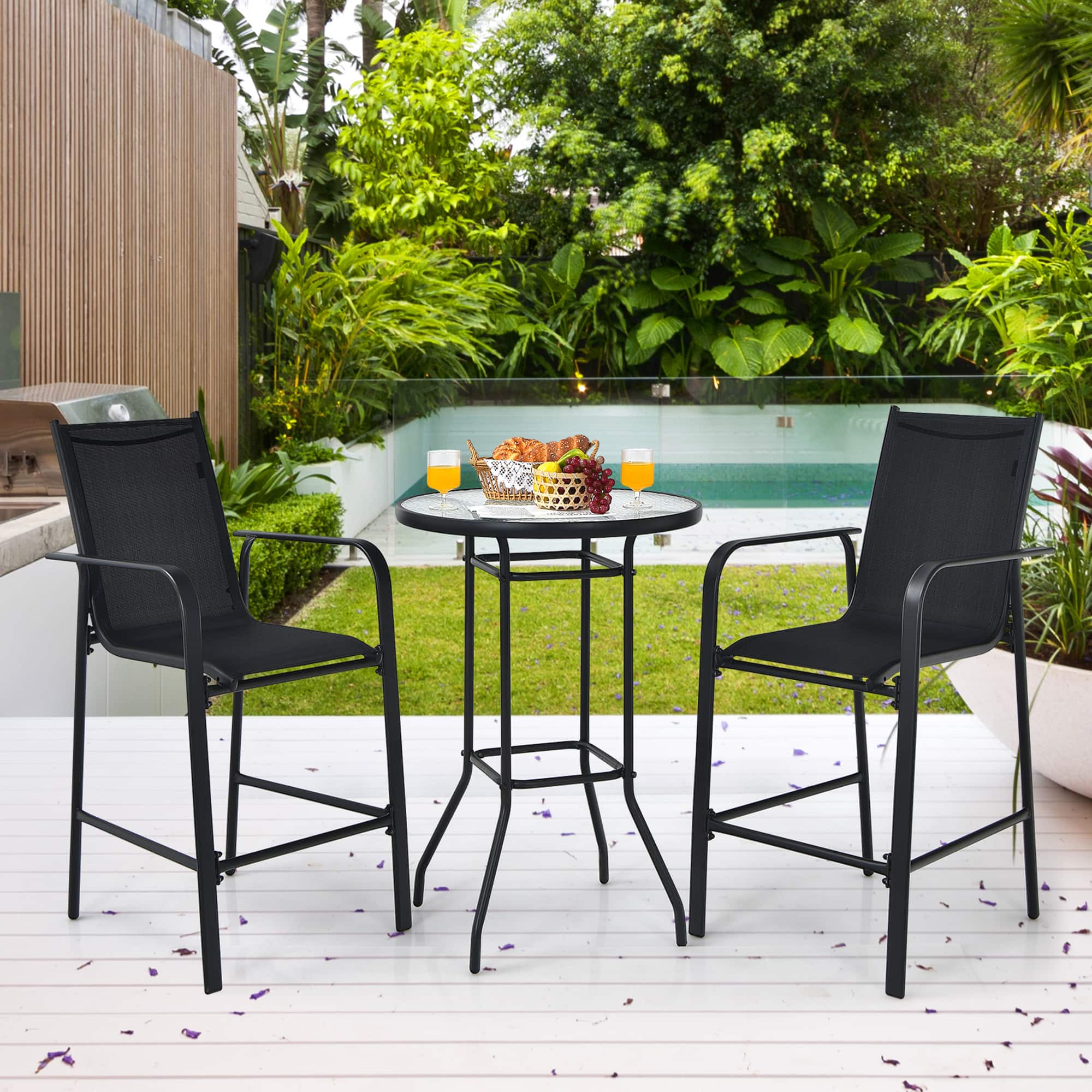 Gymax - 3PCS Patio Bar Set Outdoor Bistro Set w/ 2 Stools & 1 Tempered Glass Table - Black